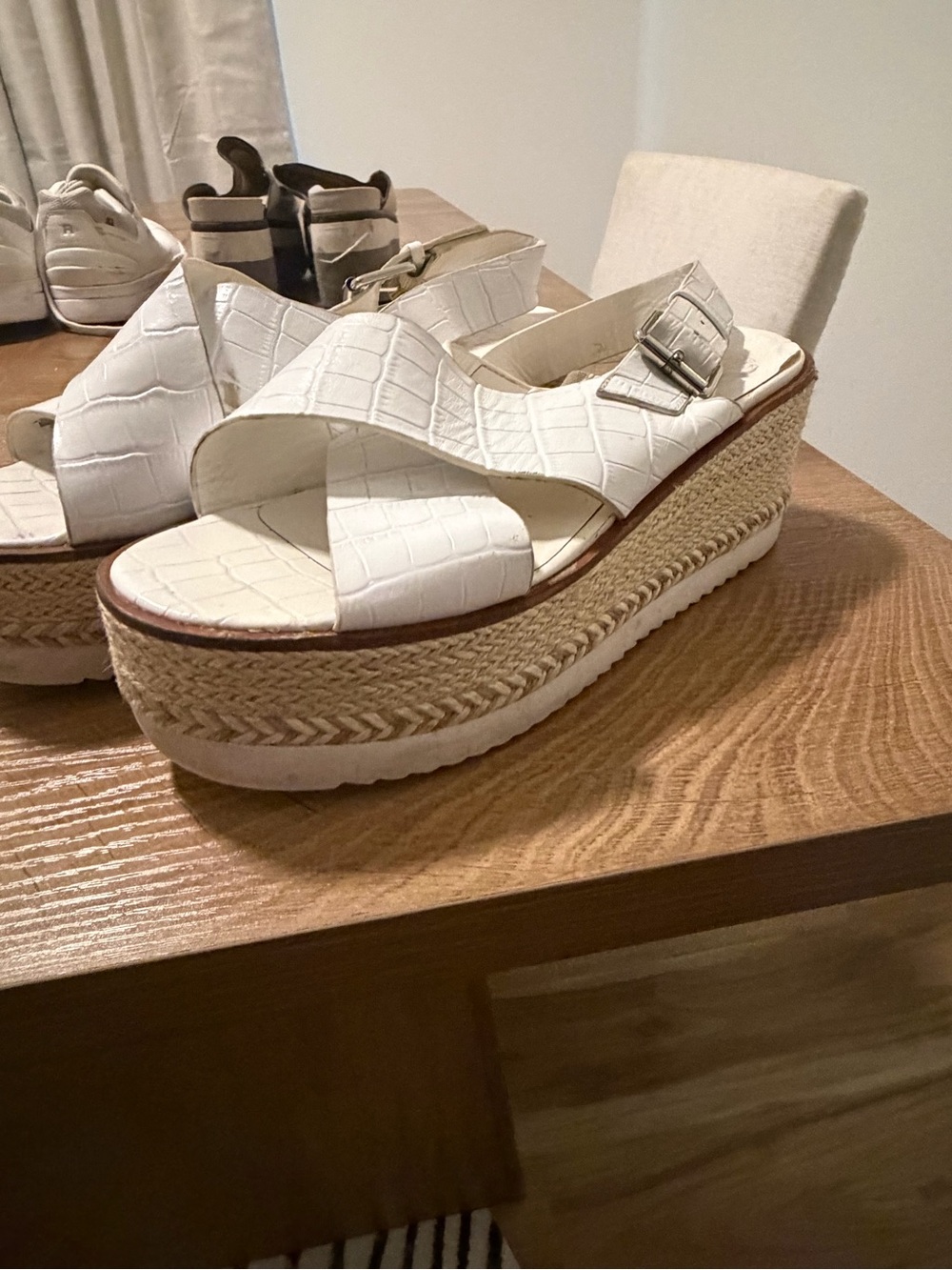 ANTONIO MELANI White Croc-Embossed Espadrille Wedge Sandals